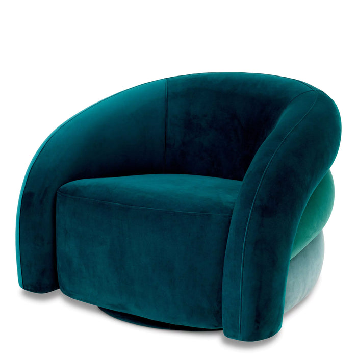 Sillón giratorio Eichholtz Novelle en terciopelo verde mar Savona, terciopelo turquesa Savona, tela de terciopelo azul Savona