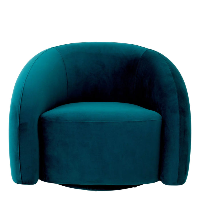 Sillón giratorio Eichholtz Novelle en terciopelo verde mar Savona, terciopelo turquesa Savona, tela de terciopelo azul Savona